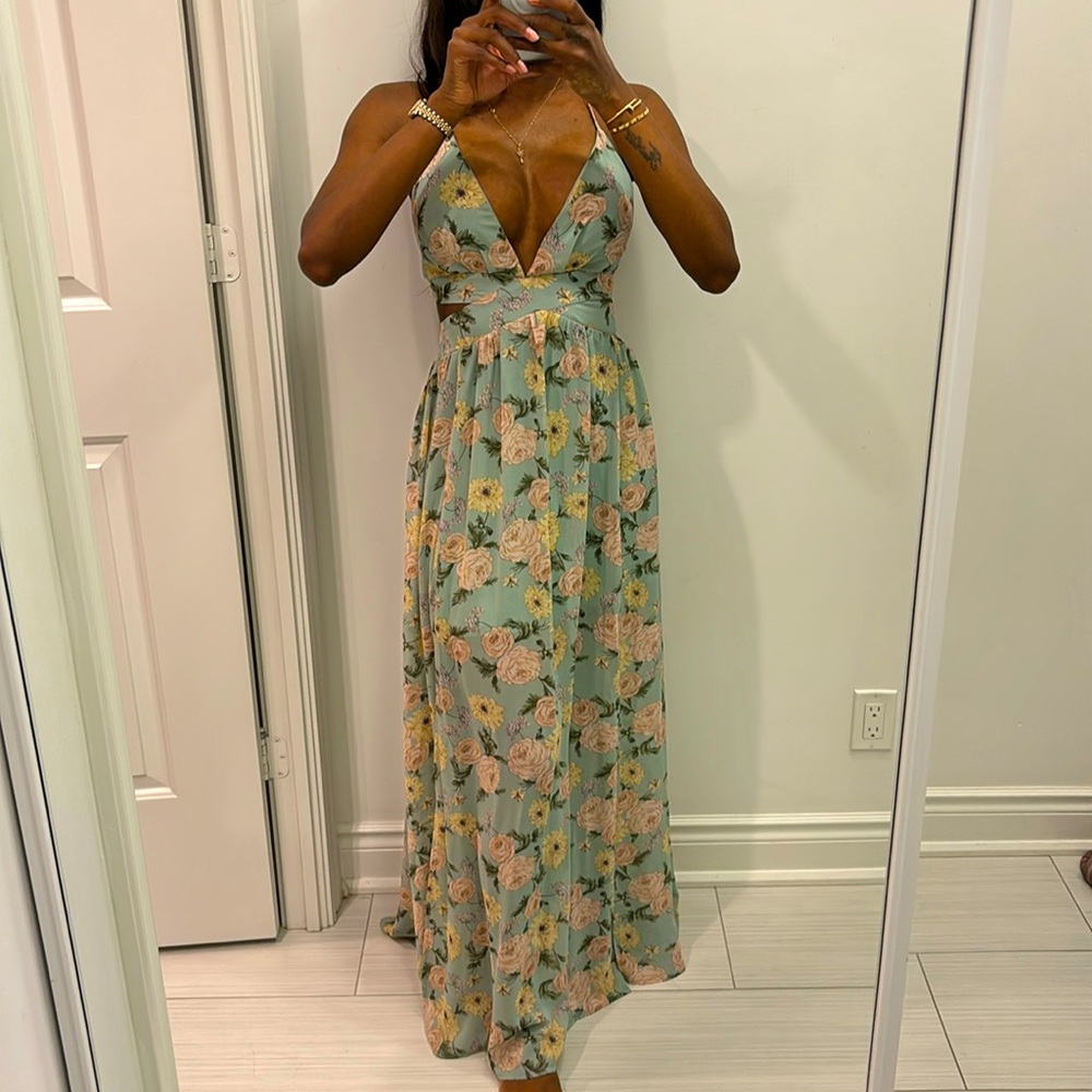 Pale Green Floral Criss-Cross Back Dress Sz S